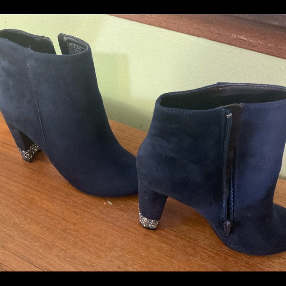Navy faux suede ankle boots, with rhinestone studded heels